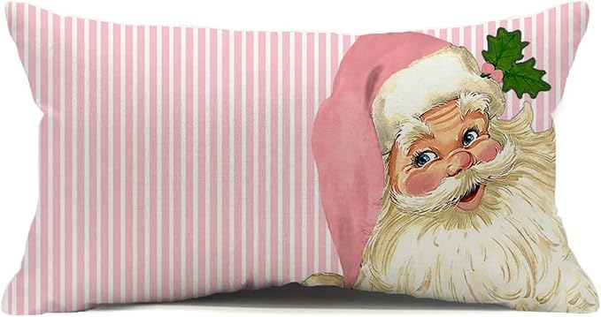 Nostalgic Santa Pillow Cover - 12X20 Inch Merry Christmas Pink Striped Throw Pillow Covers Santa Claus Pillowcase Xmas Pillow Cushion for Farmhouse Decor