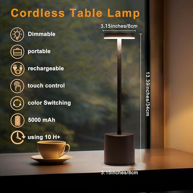2 Pack LED Cordless Table Lamps, Portable 5000mAh Rechargeable Table Lamp, Touch Control Outdoor Table Lamp, 3 Color Dimmable Cordless Table Lamps for Restaurant, Patio, Bedroom, Outdoor - Black