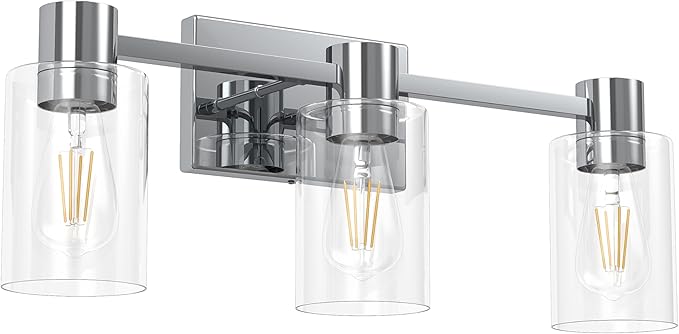 3-Light Modern Vanity Light Fixtures Over Mirror, Polished Chrome Bathroom Light Fixtures, Vanity Lights, Wall Sconce with Clear Glass Shade for Bathroom, E26 Base