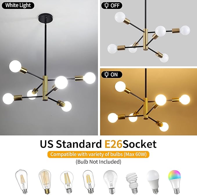 Modern Chandelier Sputnik Light Fixtures, Mid Century Chandelier Dining Room Lights, 6-Light Black and Gold Bedroom Ceiling Light Chandeliers for Living Room Kitchen