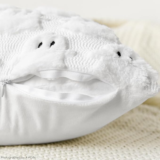 AVOIN colorlife Halloween Ghost White Throw Pillow Cover Set of 2, 16 x 16 Inch Soft Plush Faux Fur Jacquard Spooky Cushion Case Decoration for Sofa Couch