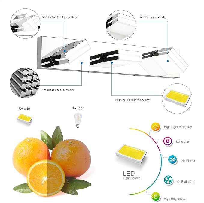 SineRise LED Modern Bathroom Vanity Light Fixtures (3-Light, 24-Inch, Dimmable), Chrome Modern Acrylic Bathroom Wall Lighting Fixtures Over Mirror (Cool White 6000K)