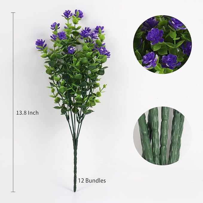 12 Bundles Artificial Flowers Faux Outdoor Plastic Plants UV Resistant Shrubs,Artificial Plants Outdoor Decorations for Patio Outdoor Fake Plants Spring Decorations for Home Front Porch Decor(Purple)