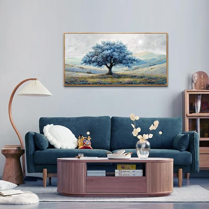 ZUITINGHUA Large Wood Framed Wall Decor For Living Room Canvas Wall Art For Office Modern Wall Decorations For Bedroom Blue Tree Landscape Painting Farmhouse Pictures Artwork Home Decor 24x48 In