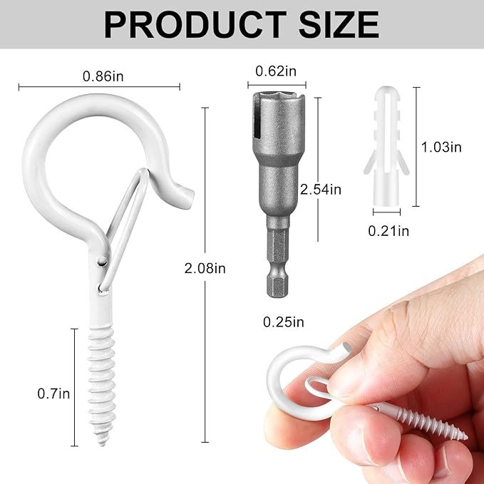 96 PCS Q-Hanger Hooks, Screw Hooks for Outdoor String Lights, Safety Buckle Design Cup Eye Hook for Hanging Christmas Lights, Plants, Mounted on Wall Ceiling, Include 1 Wing Nut Driver, White