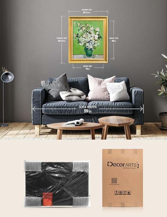 DECORARTS - Pink Roses in a Vase by Vincent Van Gogh. Giclee Print on Acid-Free Canvas in Gold Solid Wood Frame. Picture Size: 16x20, Total Size: 24.75x20.75, Made in USA