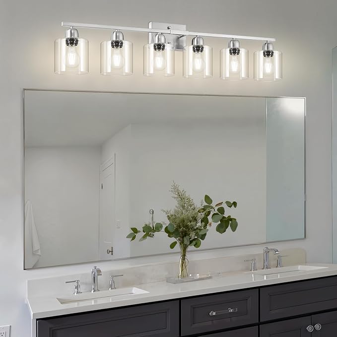 Brushed Nickel Vanity Light, 6 Light Bathroom Lighting Fixtures Over Mirror with Clear Glass, 38 inch Bathroom Light for Oversized Mirrors, E26 Socket