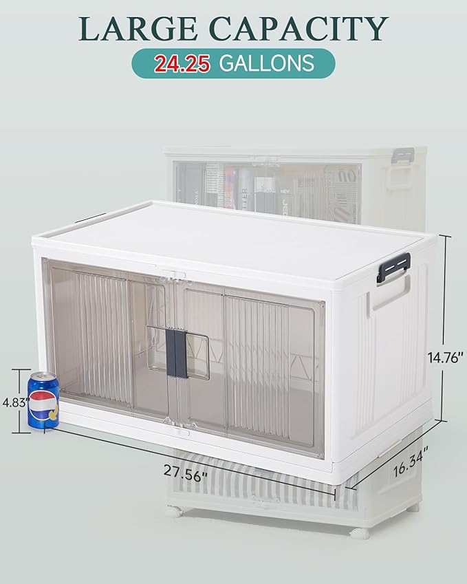 OlarHike 97QT Stackable Storage Bins with Lids - Folding Storage Box with Doors and Wheels, Collapsible Plastic Storage Drawers for Closets, 4 Pack Cubes