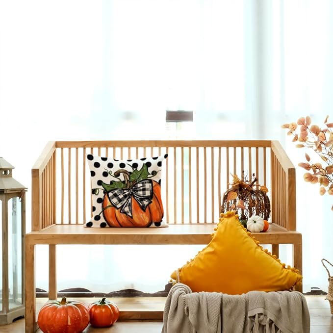 AACORS Fall Throw Pillow Cover 18x18 Inch Polka Dots Pumpkin Decor Autumn Farmhouse Seasonal Pillow Case Decoration for Home Sofa Couch AA279-18