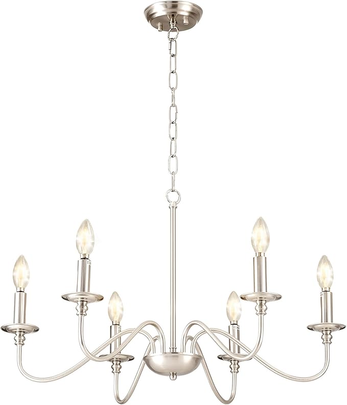 Depuley Modern Chandelier for Dining Room: 6-Light Brushed Nickel Farmhouse Hanging Ceiling Pendant Light Fixture for Kitchen Island - Industrial Vintage Candle Chandeliers for Living Room