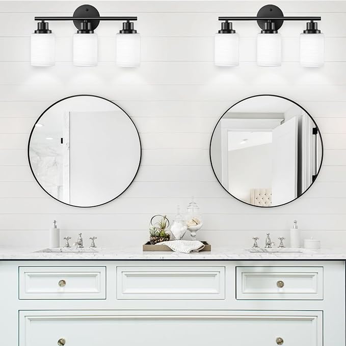 3-Light Bathroom Light Fixtures, Vanity Lights for Mirror with Milky White Frosted Striped Glass Shade, Modern Kitchen Light Fixtures Wall Sconce Light - E26 Base - Matte Black