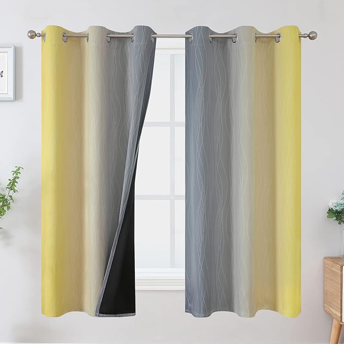 Ombre Gray and Yellow Blackout Curtains 63 Inch Length 2 panels, Full Room Darkening Curtains for Kids Room, Grommet Thermal Insulated Gradient Drapes, Light Blocking Curtains for Bedroom, 42x63 Inch