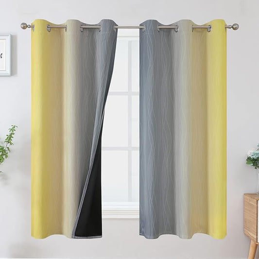 Ombre Gray and Yellow Blackout Curtains 63 Inch Length 2 panels, Full Room Darkening Curtains for Kids Room, Grommet Thermal Insulated Gradient Drapes, Light Blocking Curtains for Bedroom, 42x63 Inch