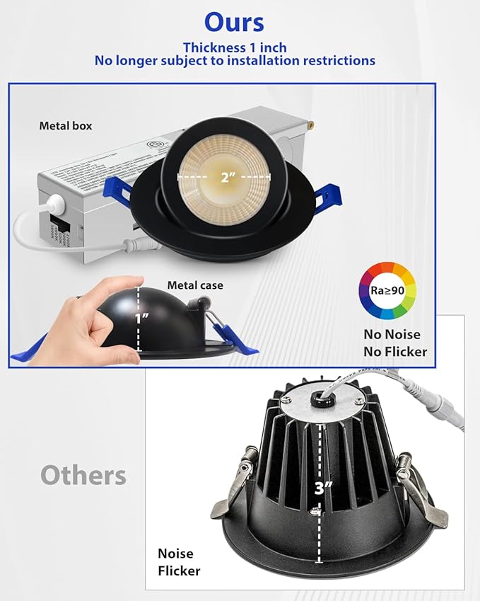 Adetu 2 Inch 5CCT Gimbal Black Led Recessed Lighting with Junction Box, 360°+90° Adjustable Led Recessed Lights, 2700K/3000K/3500K/4000K/5000K, 5W Eqv 50W, 550LM Brightness - ETL (Black, 1 Pack)