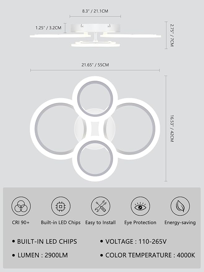 Modern LED Ceiling Light, White 4 Rings Flush Mount Ceiling Light, 4000K Lighting Fixture Ceiling Lamp for Kitchen, Bedroom, Living Room, Laundry Room