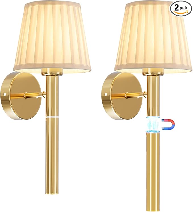 Cordless Battery Operated Wall Sconces Set of 2, 5200mAh Rechargeable Wall Sconce with Magnetic Pole and Fabric Shade, Dimmable LED Wall Lamp with Remote for Living Room, Bedroom, Hallway Decor