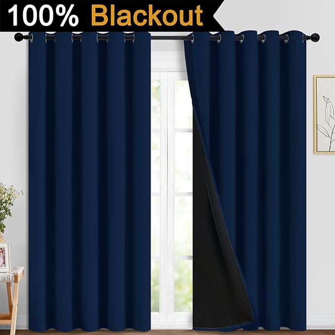 Yakamok Navy Blue 100% Blackout Curtains Energy Saving Thermal Insulated 2 Thick Layers Completely Blackout Drapes with Black Liner for Bedroom (70Wx84L, Navy Blue, 2 Panels)