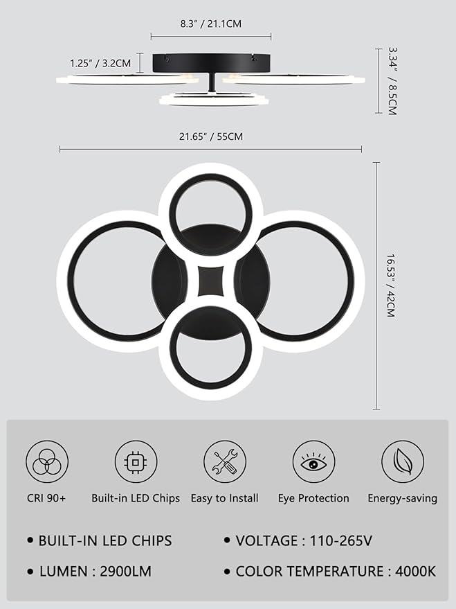 Modern LED Ceiling Light, Black 4 Rings Flush Mount Ceiling Light, 4000K Lighting Fixture Ceiling Lamp for Kitchen, Bedroom, Living Room, Laundry Room