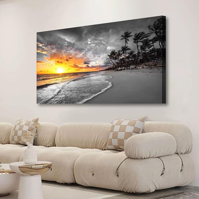 Ocean Wall Art Bedroom Wall Decor Living Room,Beach Canvas Wall Art Office Farmhouse Paintings Artwork Modern Sunset Palm Tree Black and White Sea Coast Wall Art Prints Pictures 20 * 40inch