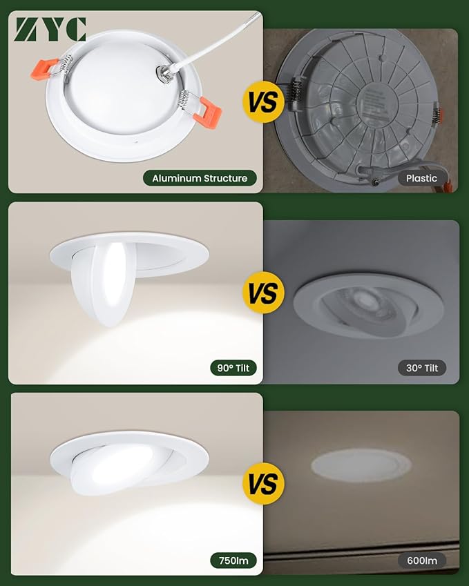 ZYC Black Gimbal Recessed Lighting - 4 Inch 9W 360° Rotation Gimbal, Adjustable Eyeball Light, LED Swivel Spotlight, Directional Sloped Ceiling Light, Dimmable Wafer Downlight, 5CCT Pack of 4 Black.