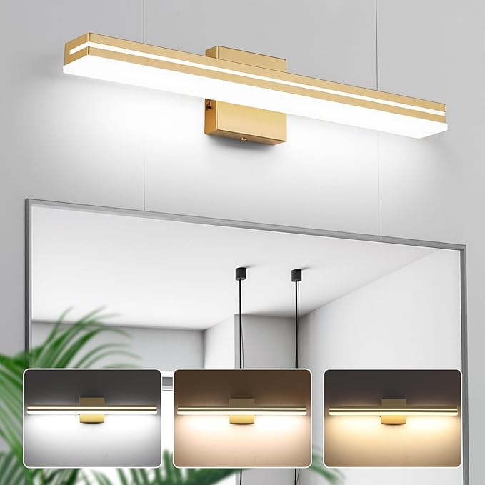 SineRise LED Modern Bathroom Vanity Light Fixtures (24-Inch, 3000K/4000K/6000K, Dimmable), Gold Modern Acrylic Bathroom Wall Lighting Fixtures Over Mirror