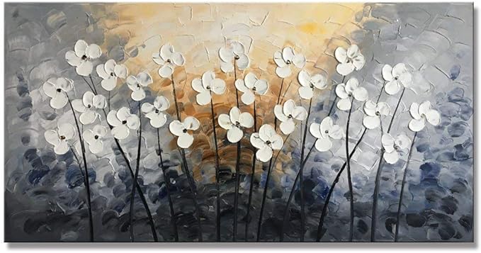 Yihui Arts Hand-Painted Oil Painting on Canvas Textured White Floral Wall Art Modern Horizontal Decor for Living Room Bedroom Office
