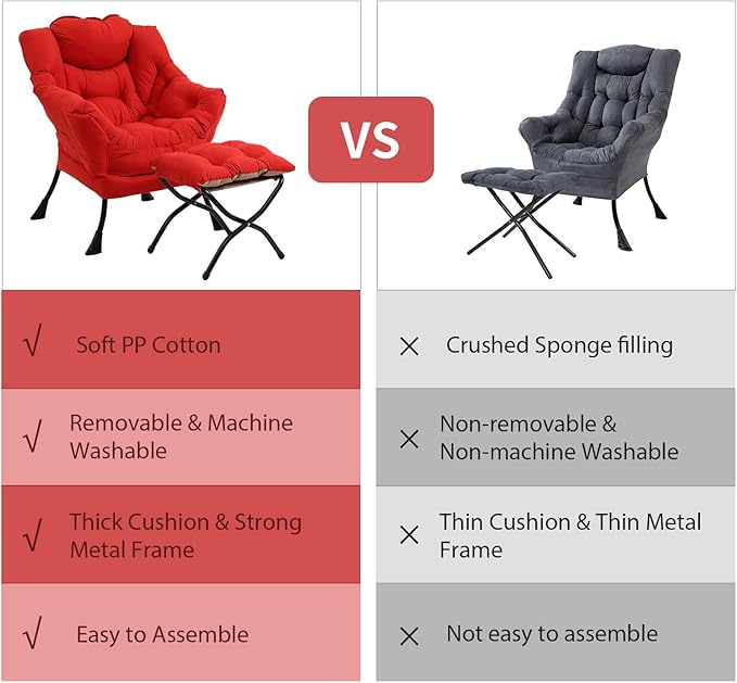 Modern Lazy Chair with Folding Footrest, Lounge Accent & Comfortable Reading Chair (Red)