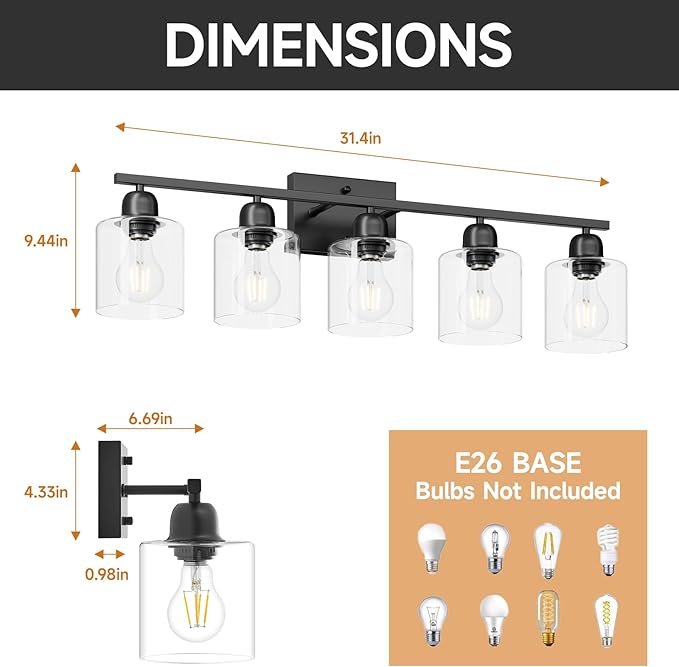 5 Light Bathroom Vanity Light, Bathroom Light Fixtures Black with Clear Glass,30 inch Vanity Lights for Mirror Living Room Bedroom Hallway E26 Base