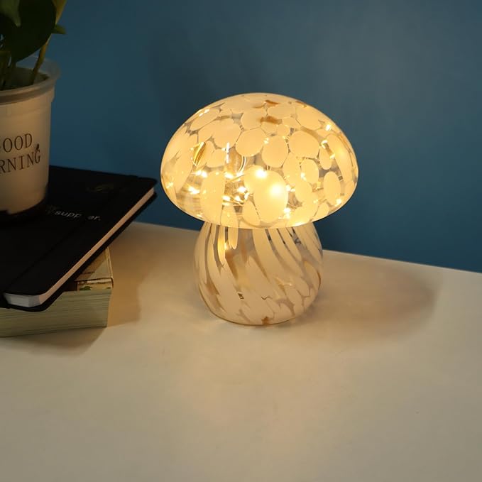 Small Glass Mushroom Table Lamp Night Light Bedside Desk Lamp for Bedroom Nightstand Light-White