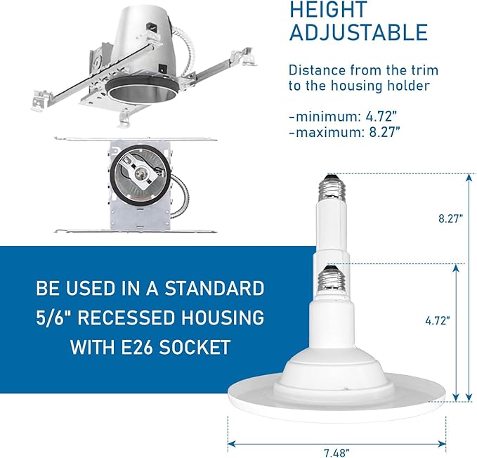 Jolux 5/6 Inch 5CCT Retrofit LED Recessed Lighting 12 Pack, Adjustable 5CCT 2700K-5000K, LED Replacement Can Lights,Dimmable,12=60W, E26 Base, Flat Trim,Easy Retrofit Downlight Installation.