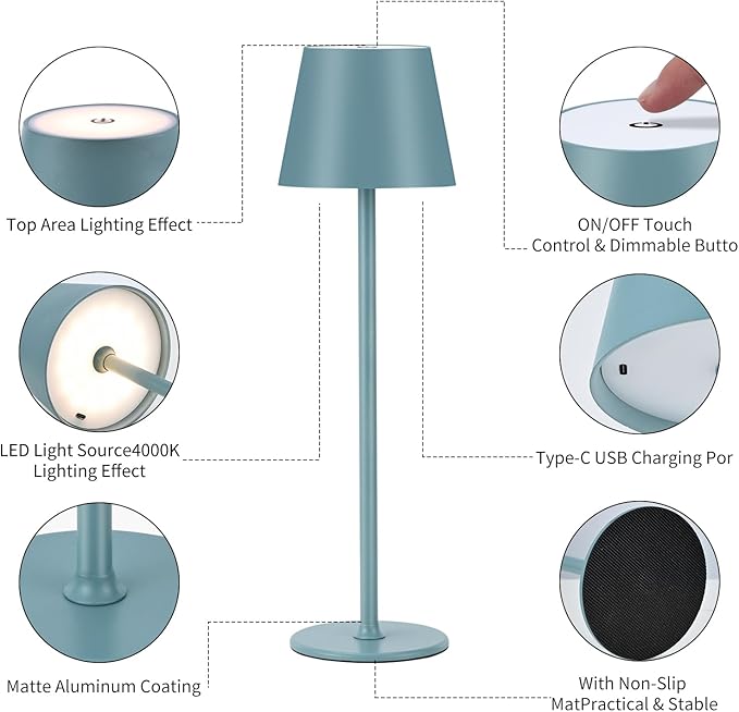 Cordless Table Lamps USB Rechargeable Simplicity Desk Lamp Built-in 4600 mAh Battery LED Battery Operated lamp with Touch Control Table lamp - Bedroom/Desk/Reading/Patio(2Pack-Light Blue)