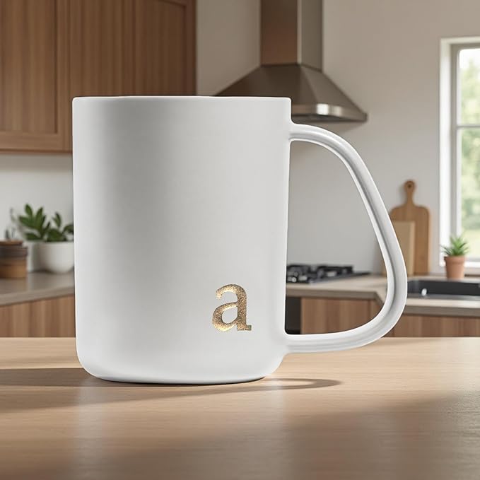 COLLECTIVE HOME - Ergonomic Handle Ceramic Mug, 15 oz Personalized Coffee Cup with Golden Initial, Microwave & Dishwasher Safe, Elegant Monogram Tea Mug in Gift Box for Home & Office (White-a)