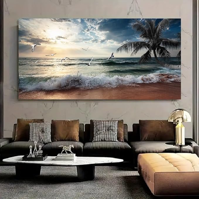 Yxbhhym Large Canvas Wall Art Beach Ocean Prints Art Coast Sunset Sea Paintings Poster Scenery Picture Palm Artwork for Wall Art Living Room Bedroom Office Decorations Framed-30x60inches