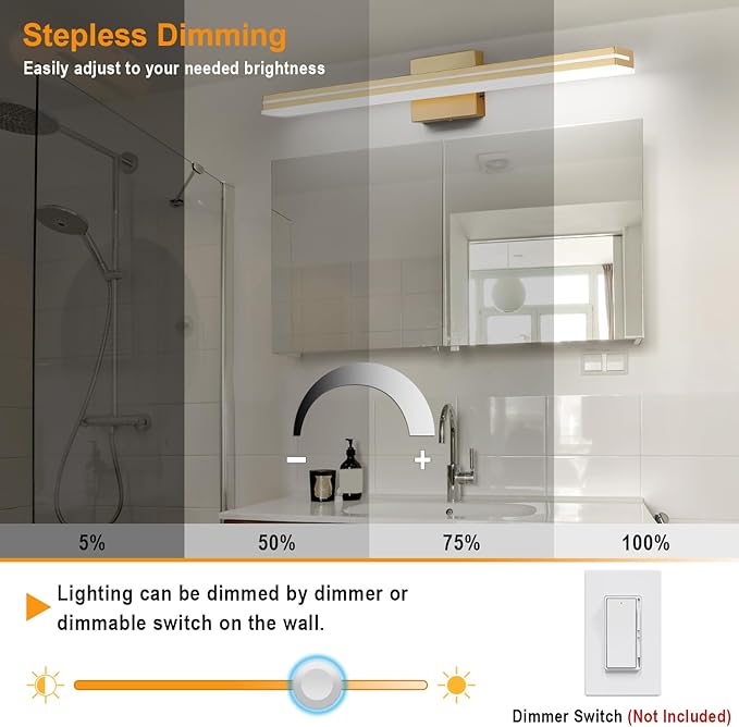 SineRise LED Modern Bathroom Vanity Light Fixtures (32-Inch, 3000K/4000K/6000K, Dimmable), Gold Modern Acrylic Bathroom Wall Lighting Fixtures Over Mirror