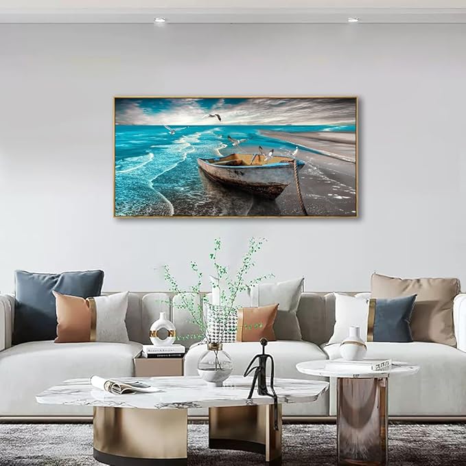 Ocean Canvas Wall Art Prints Waves Seascape Paintigns Boat Seagulls Beach Wall Decor for Living Room Bedroom Natural Scenery Artwork 20 * 40inch