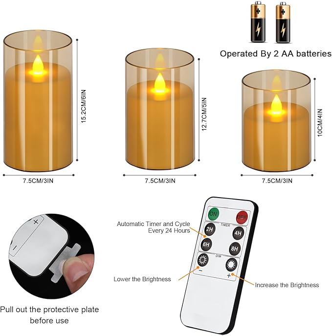 Flameless Candles 4" 5" 6" Acrylic Glass Pillars 3" Diameter Battery Operated Flickering Candles Include Remote with 24Hour Timer Function 400+ Hours by 2 AA Batteries (Amber, Warm Light 9 Pack)