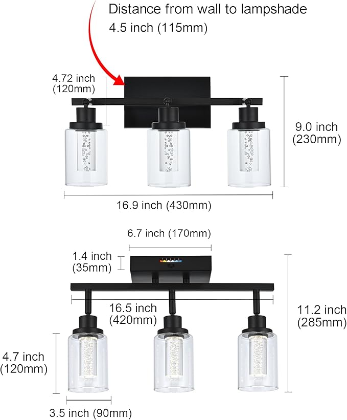 MELUCEE 3 Lights LED Track Lighting Kit Ceiling Bathroom Vanity Light Fixtures Wall Mounted Lamp Black Finished with Flexibly Rotatable Light Heads, Built-in LED Chips, 5-Color Temperature Adjustable