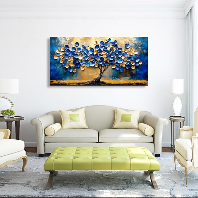 Abstract Tree Canvas Wall Art Bedroom Wall Decor Living Room,Blue and Gold Leaf Wall Art Office Paintings Artwork Modern Ginkgo Tree Leaves Pictures Art Prints Waterproof Ready to Hang-20x40inch