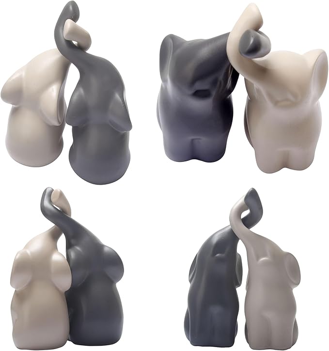 Modern Loving Couple Elephant Statue Set in Beige & Grey - 6 Inch Decorative Figurines for Living Room, Dining Table, Shelves & Entryway - Wedding, Women's Home Decor Sculptures