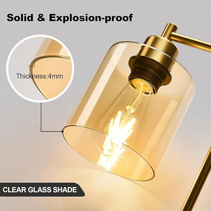 Set of 2 Industrial Touch Control Table Lamps with 2 USB Ports and AC Outlet - 3-Way Dimmable Gold Bedside Lamp Nightstand Desk Lamps for Bedroom Living Room, Amber Glass Shade & 2 LED Bulbs Included