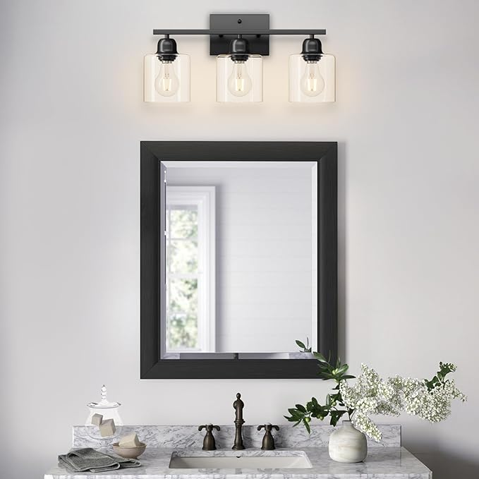 3 Light Bathroom Vanity Light, Matte Black Vanity Lights with Clear Glass for Bathroom Mirror Living Room Bedroom Hallway E26 Base