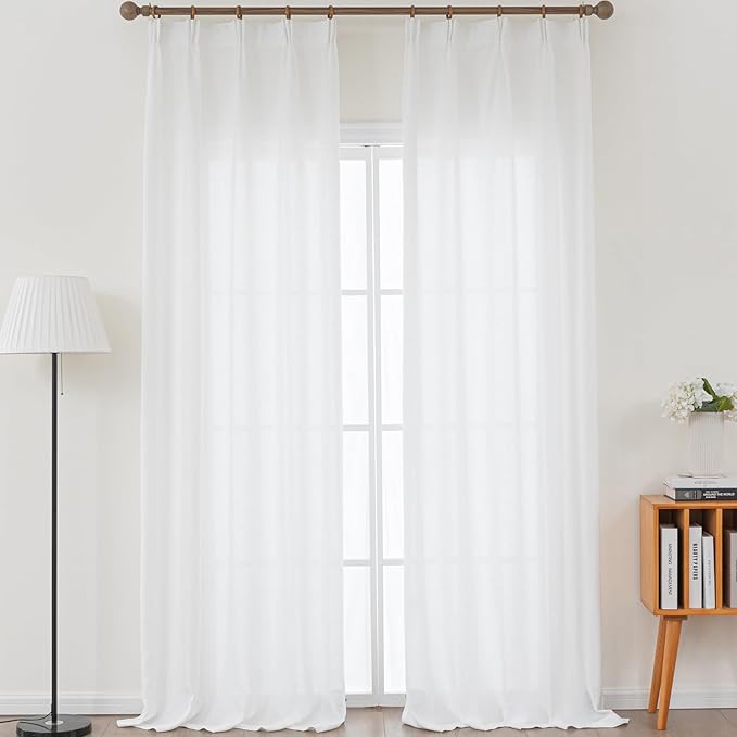 Off White Thick Linen Semi Sheer Curtains 96 Inches Long, Elegant Light Filtering Drapes Set of 2, Pinch Pleat Curtain with Hooks
