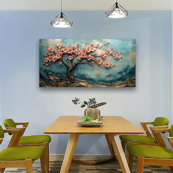 Tree of Life Pink Flowers and Golden Trees Pictures Canvas Wall Art for Living room Office Bedroom Teal Mountain Abstract Wall Decor Art Print Paintings Modern Plum Blossom Artwork -20x40inch