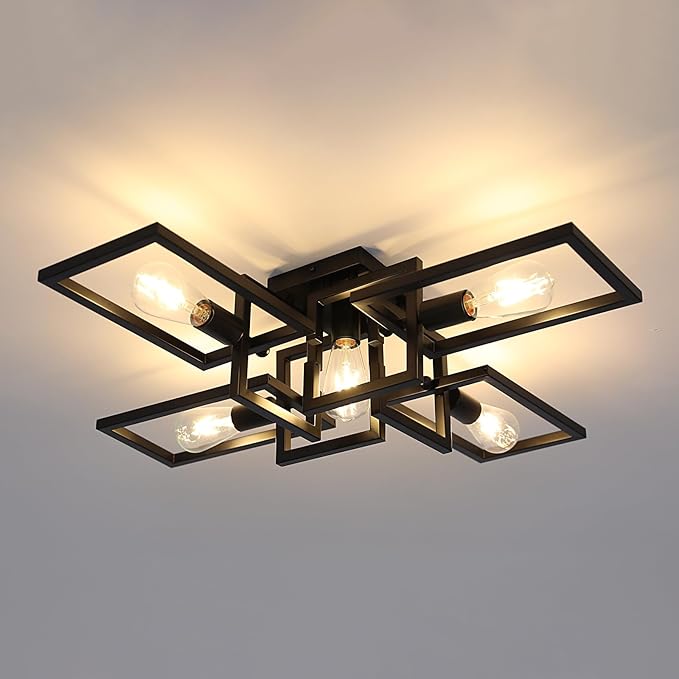ZGLAOJT Black Industrial Flush Mount Ceiling Light 5-Light Kitchen Light Fixtures Modern Large Matte Sputnik Chandelier for Dining Room Bedroom Farmhouse Living Room