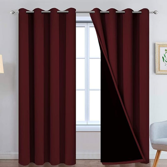 Yakamok Completely Blackout Curtains 2 Thick Layers Thermal Insulated Drapes for Bedroom, Room Darkening Panels for Living Room(52Wx96L, Burgundy Red, 2 Panels)