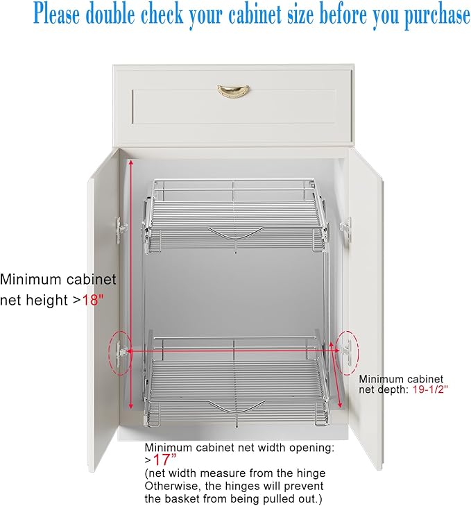 DINDON 2 Tier Pull Out Cabinet Organizer (17" W x 18" D) Heavy-Duty Metal Sliding Drawer Shelf, Two Tier Pull Out Shelves for Kitchen Cabinets, Pantry, Bathroom, Chrome Finish