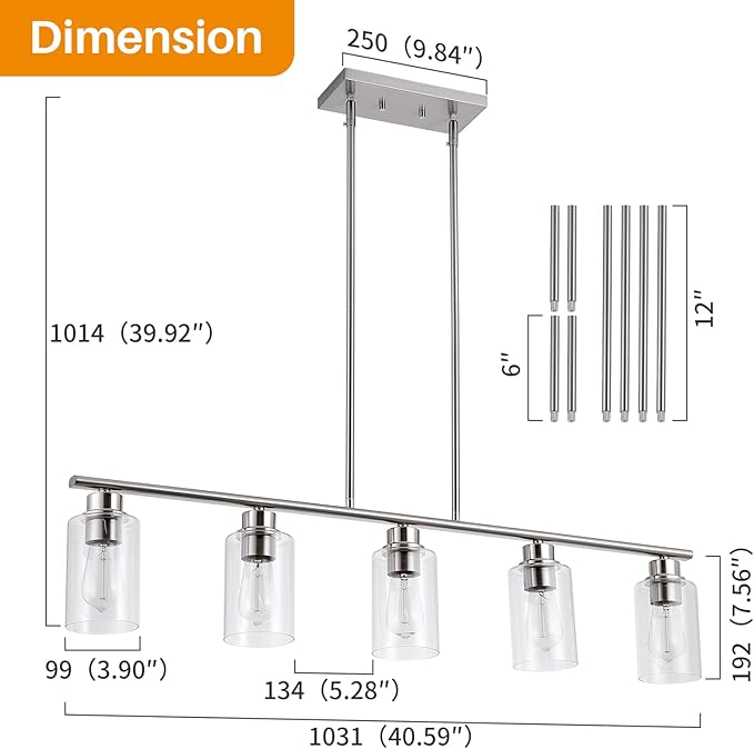 Kitchen Island Light, 5-Light Pendant Lighting, Farmhouse Dining Room Light Fixtures for Kitchen Island Dining Living Room, Brushed Nickel with Clear Glass Shade