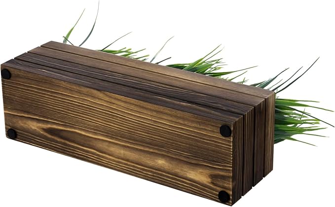 MyGift 14 Inch Artificial Green Grass Plant in Rustic Burnt Solid Wood Rectangular Crate Style Planter Box, Indoor Decor Faux Greenery in Decorative Wooden Container