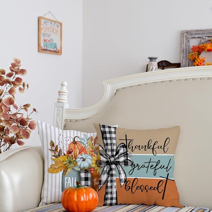 GEEORY Fall Pumpkin Sunflowers Pillow Covers 16x16 Inch Set of 4, Mason Jars Sweet Home Buffalo Plaid Bowknot Autumn Thanksgiving Decorative Throw Pillows Farmhouse Decoration for Sofa Aqua
