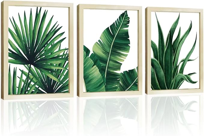 COSCTOR Set of 3 Botanical Wall Art Bathroom Green Plant Tropical leaf Picture Framed Prints for Home Living Room Bedroom Restroom Decoration(Framed,12x16)